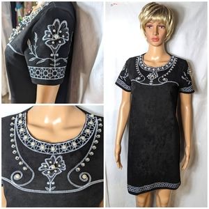 Bognar Blu designer black dress pearl & embroidery suadelike front knit S/M